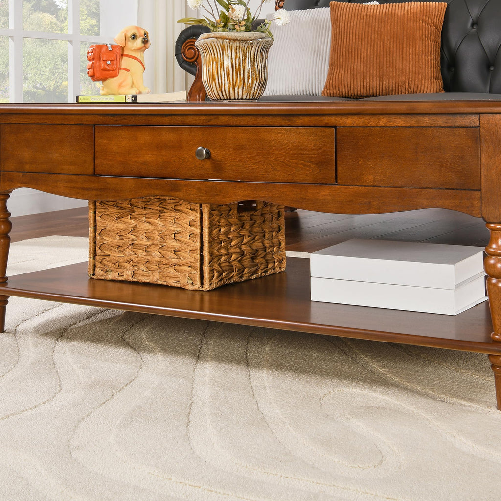 Solid Wood Coffee Table, Cherry Wood Coffee Table Cocktail Table with Storage Shelf, Victorian Style Coffee Tables