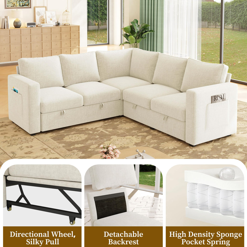 Sectional Sleeper Sofa, Pull Out Couch with Storage, Beige, 5 Seat