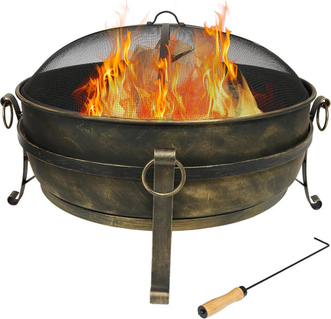 34-Inch Steel Large Fire Pit for Outside - Wood-Burning Fire Pit Bowl for Outdoors with Spark Screen, Log Poker