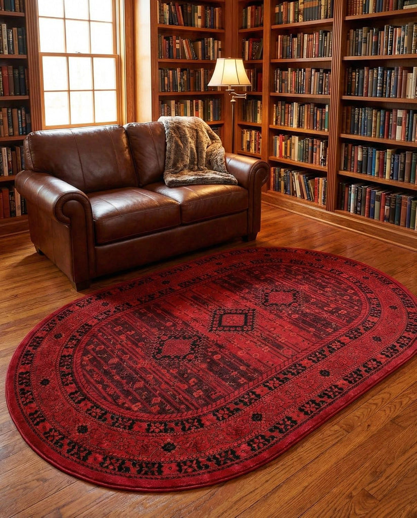 Bokhara Rug - 5' Oval Red Easy-Clean Rug - Traditional Medallion Design s, Bedrooms, and Dining Areas
