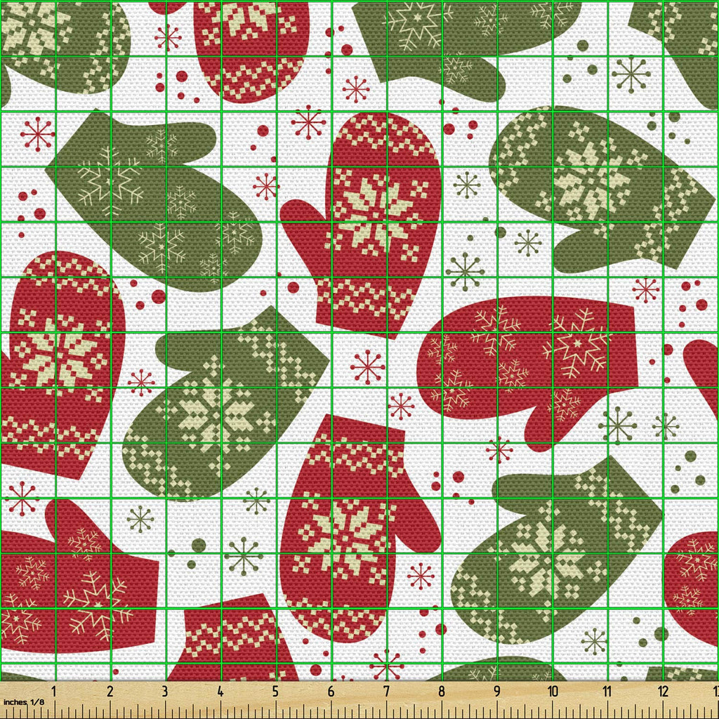 Christmas Fabric by The Yard, Art Xmas Theme Winter Gloves Pattern with Snowflakes and Nordic Roses Print, Decorative