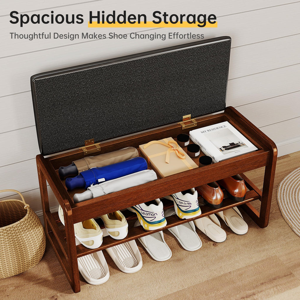 Shoe Rack Bench with Flip-Top Storage, Solid Rubberwood 2-Tier Shoe Organizer with Cushion, Wooden Shoe Stand