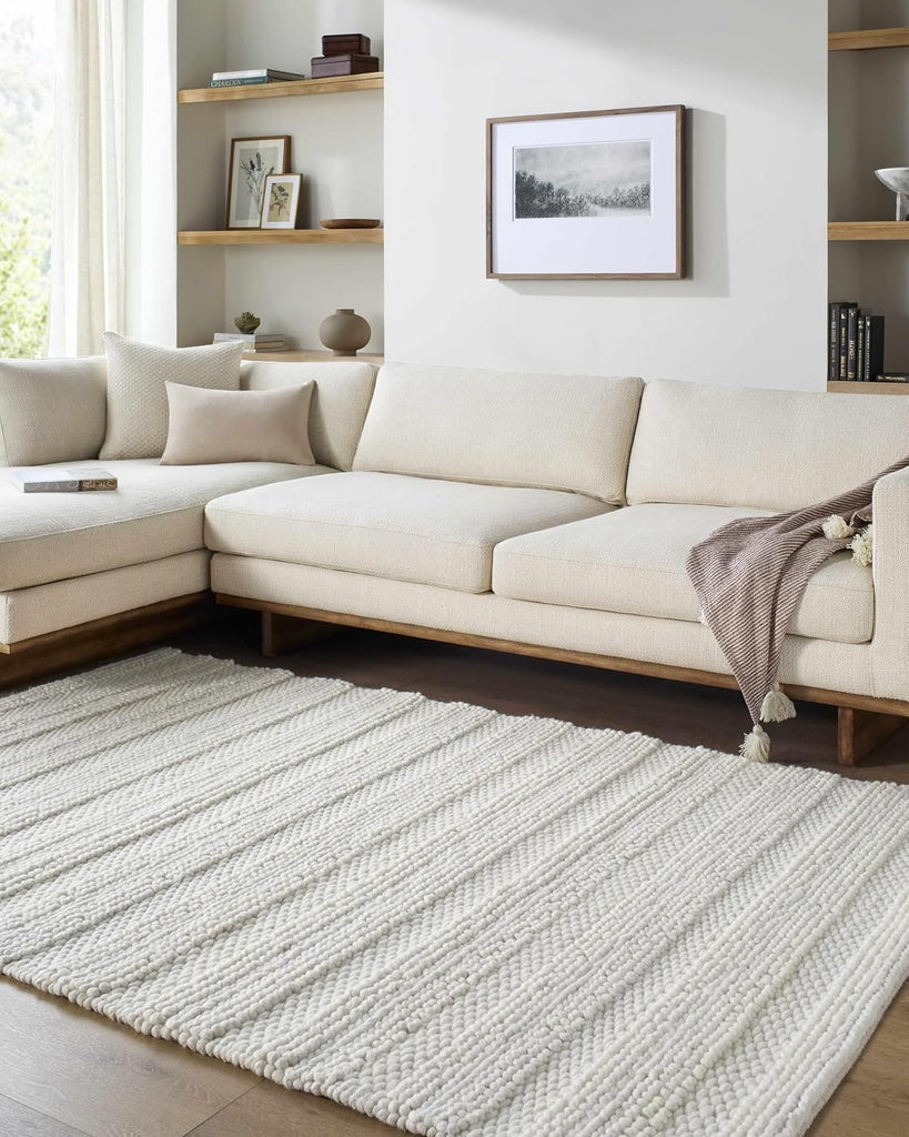 Coskun Wool Living Room, Bedroom Area Rug - Striped Textured - Bohemian Transitional Modern Minimalist Contemporary