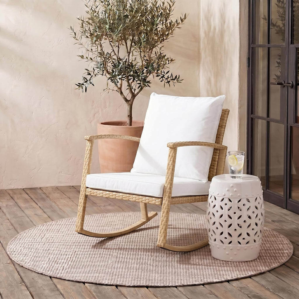 Outdoor - Daire Rocking Chair - Natural & White - Steel Frame Faux & Rattan with Cushion - Open-Frame Design - Ideal