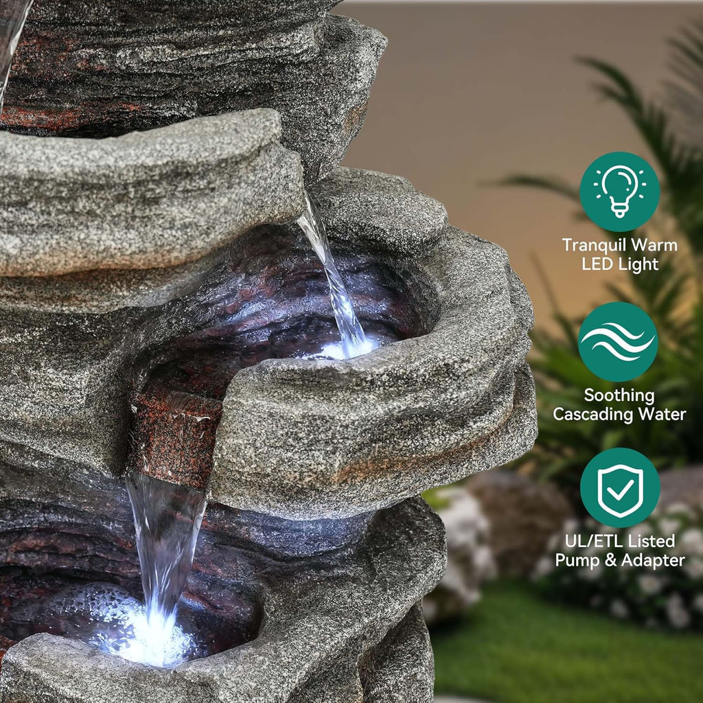 Extra-Large 6-Tier Outdoor Water Fountain with LED Lights, Cascading Rock Waterfall for Garden Patio Porch