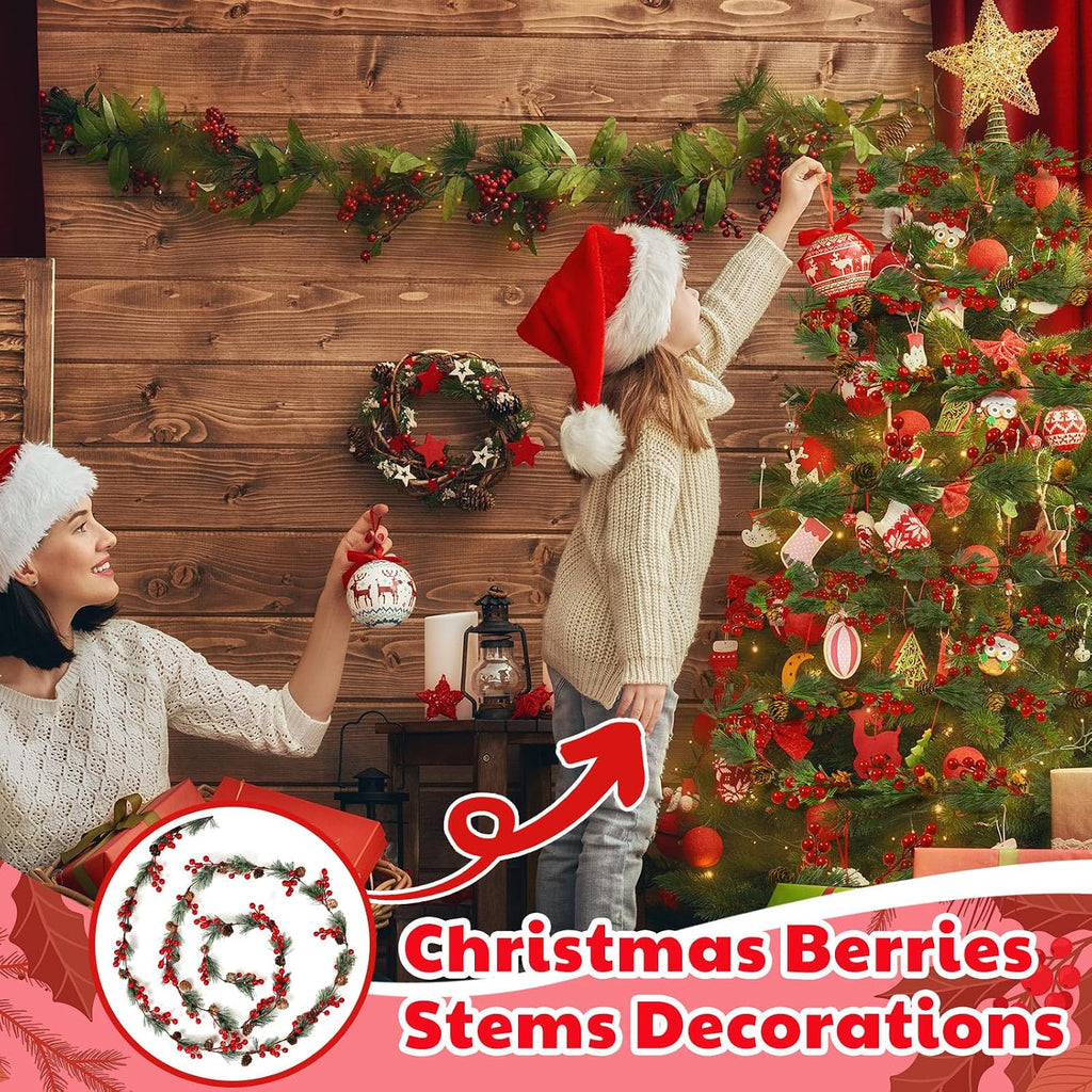 2 Pcs 19.68 ft Christmas Garlands Total Smokey Pine Garland with Red Berry Pine Cone Christmas Greenery Garland