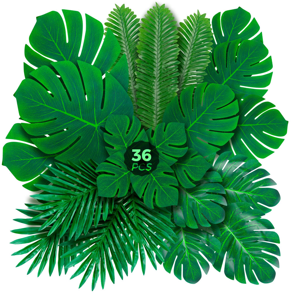 Palm Leaves Artificial Tropical Monstera 36Pack 6 Kinds Large Small Green Fake Palm Leaf with Stems
