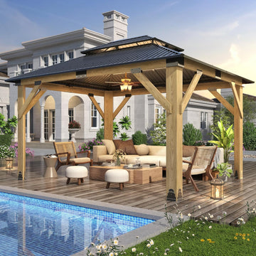 11’x13’ Outdoor Wooden Gazebo - Patio Galvanized Steel Gazebo with Double Vented Roof