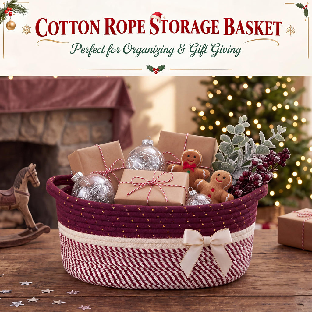 Woven Christmas Gift Basket Empty, Burgundy, White