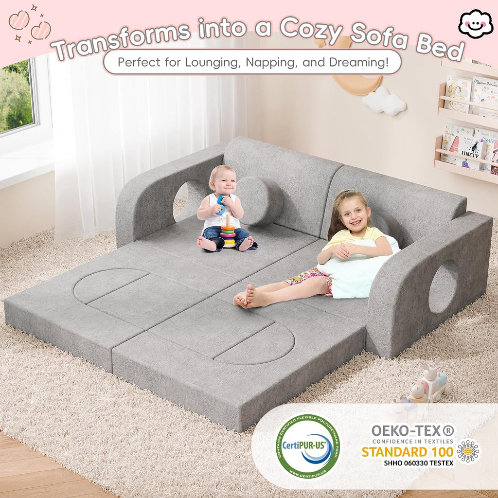 Piece Modular Kids Play Couch, Convertible Sofa, Grey
