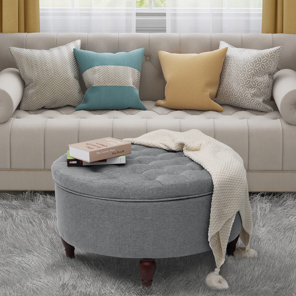 Indoor 32" Tufted Round Storage Cocktail Ottoman with Removable Lid Storage Ottoman Space-Save Table or Seat Grey