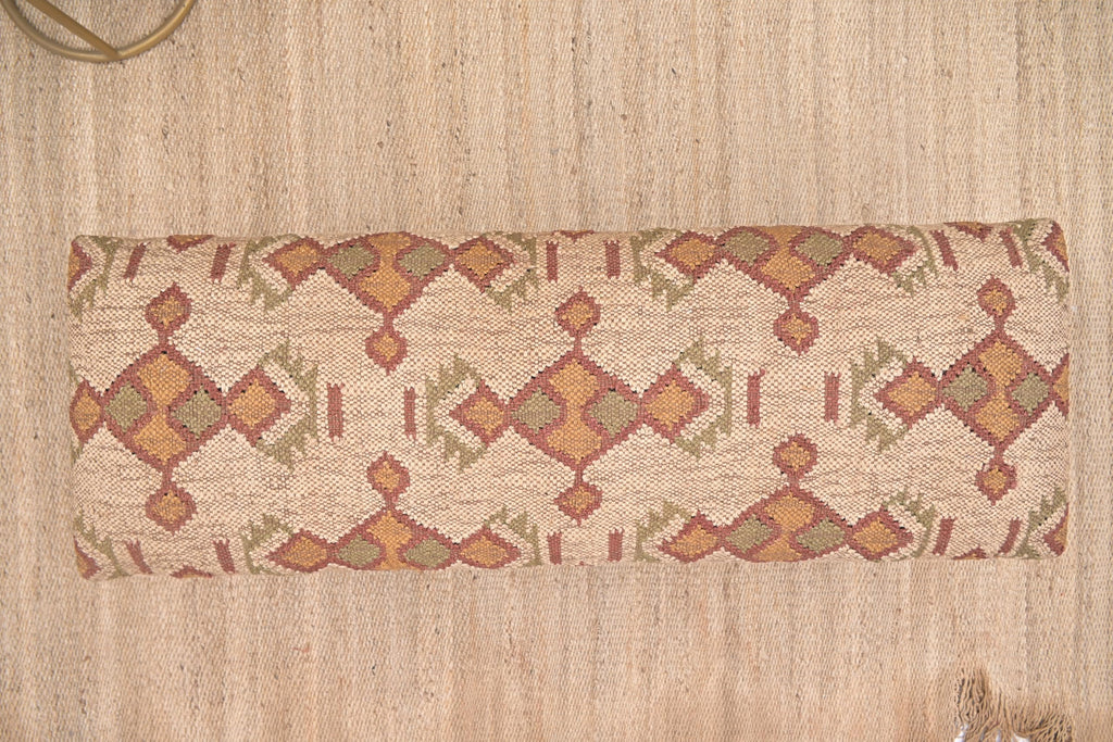 Acacia Wood Kilim Jute Fabric Upholstered Bench with Geometric Pattern | Wooden Ottoman with Turned KD Legs, End of
