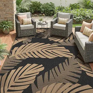 Outdoor Rug, Waterproof Plastic Rugs, 9'x12' Black Brown