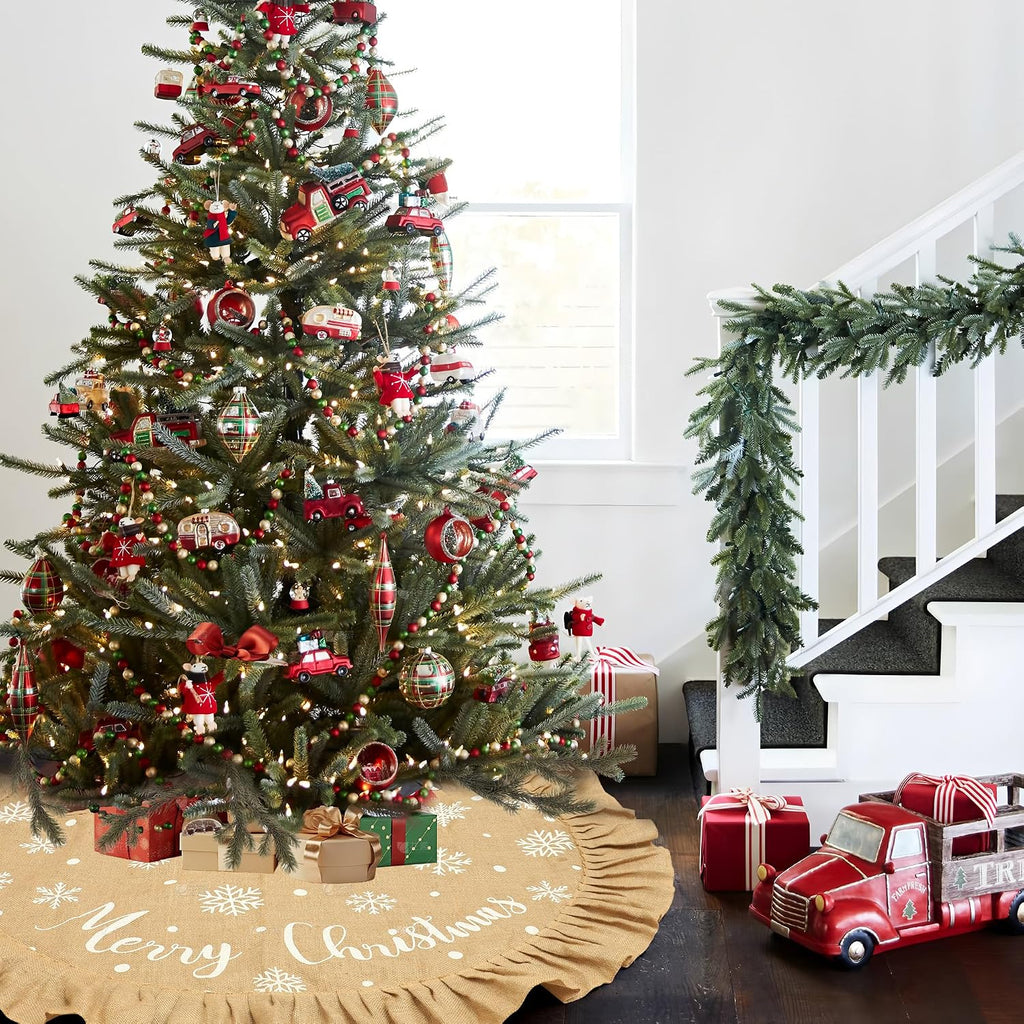 48 Inch Burlap Christmas Tree Skirt Merry Christmas Rustic Tree Skirt with Ruffle Border Xmas White Snowflake Linen