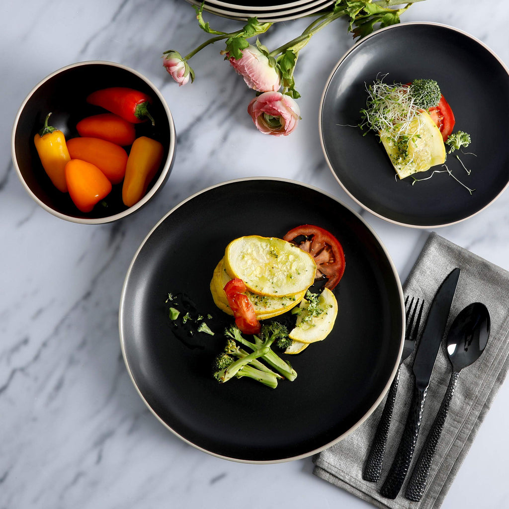 Rockaway 12-Piece Stoneware Dinnerware Set, Service for 4 - Modern Round Plates and Bowls, Dishwasher & Microwave