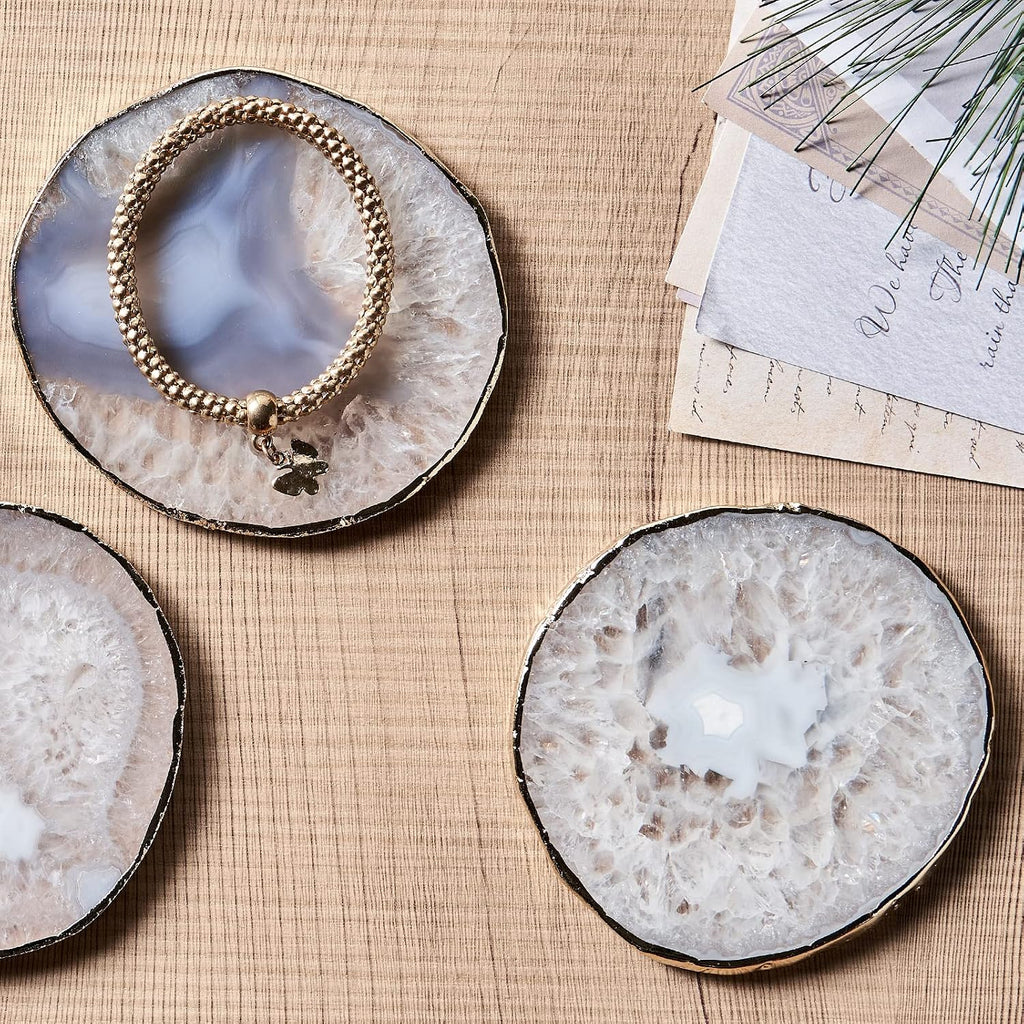 White Agate Coasters for Drinks, Crystal Coaster with Gold Edge 3.5-4", Geode Coaster, Gemstone Natural - Set of 4
