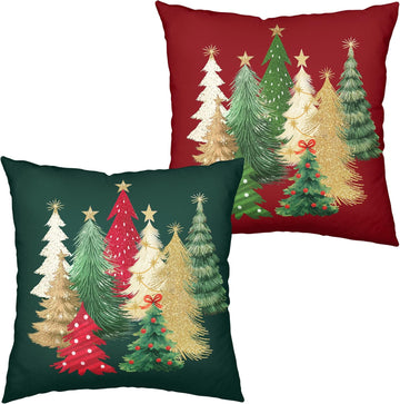 Green and Red Christmas Pillow Covers Colorful Xmas Tree Throw Pillow Covers 18x18 Winter Holiday Pillow - Set of 2