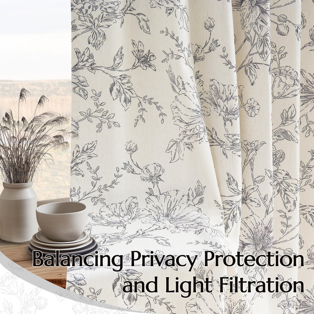 Black Flower Semi Sheer Linen Curtains Vintage Pinch Pleated Drapes 40x90