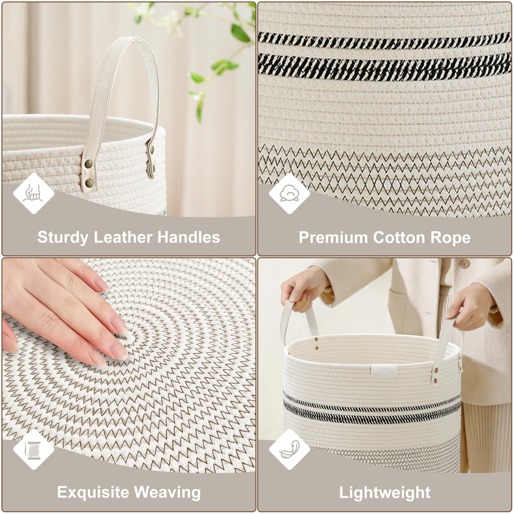 72L Tall Woven Rope Laundry Hamper, Leather Handles, Stripe White