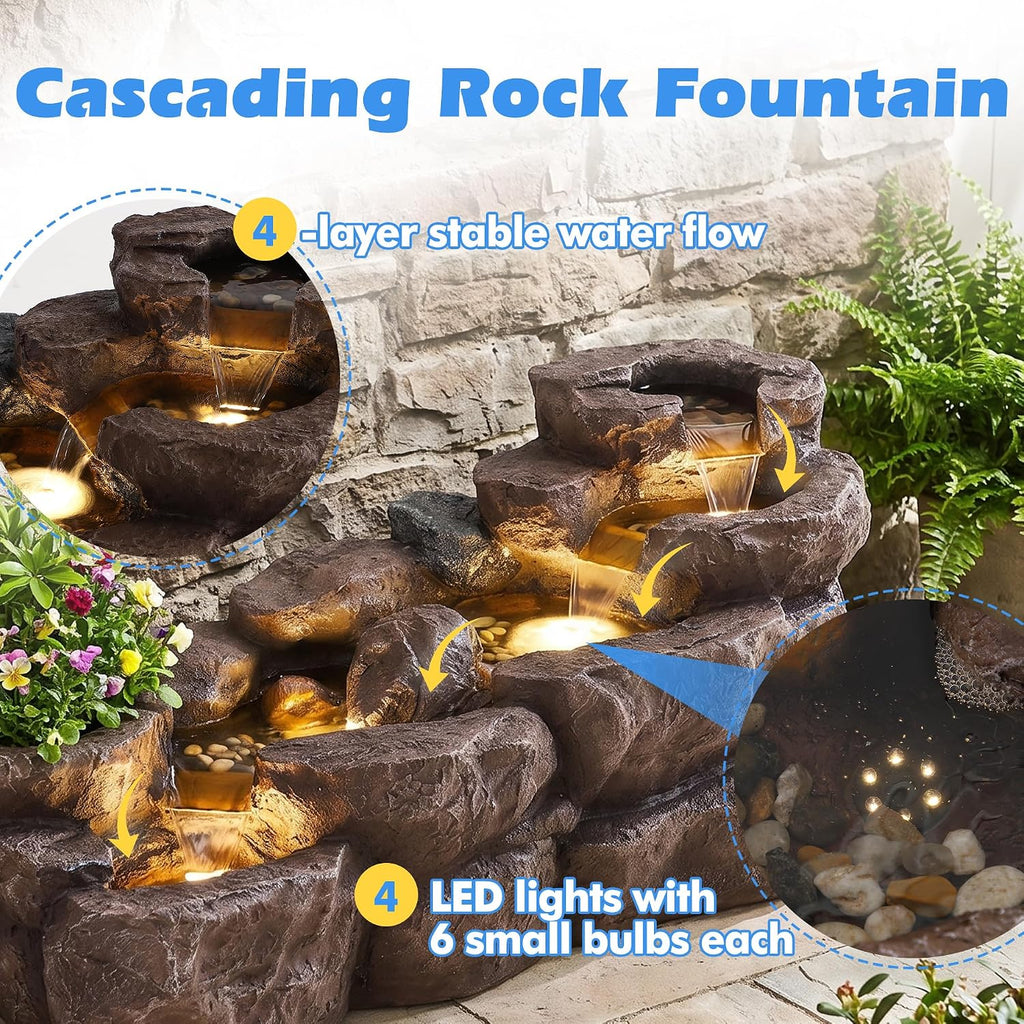 37.4" L Water Fountain Outdoor, 5-Tier Rock Cascading Water Feature | Garden Pool Fountains and Waterfalls with Warm