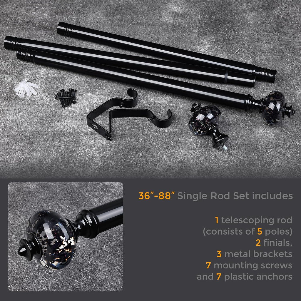Black Curtain Rod for Windows, 1'' Heavy Duty Adjustable Modern Drapery Rods with Unique Crystal