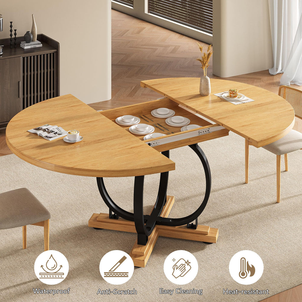 59" Extendable Round Dining Table for 4-6, Modern Oval Kitchen Table with Heavy Duty Curved Legs & Pedestal Base