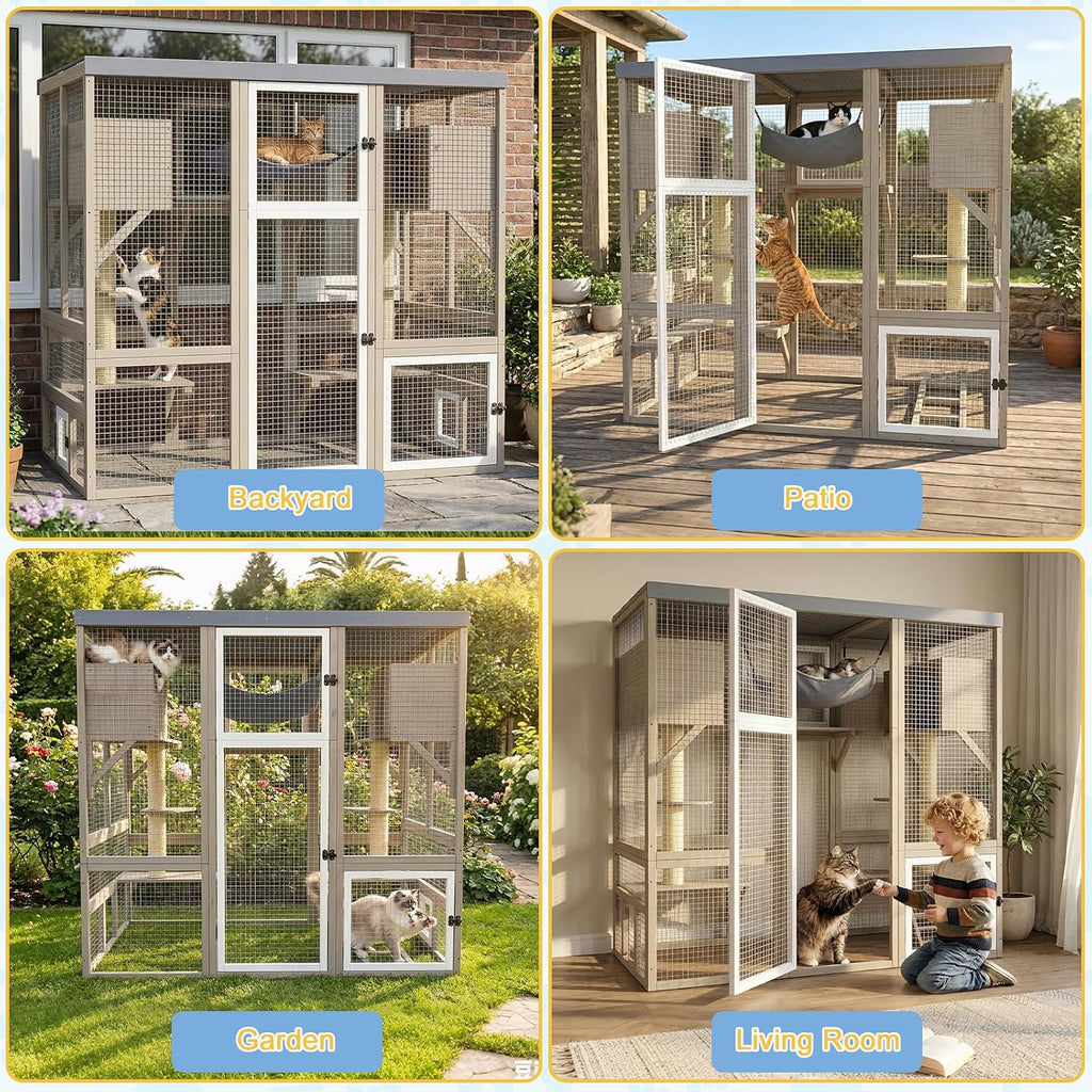 Catio Outdoor Cat Enclosure, Large Walk-in Cat House with Flat Roof