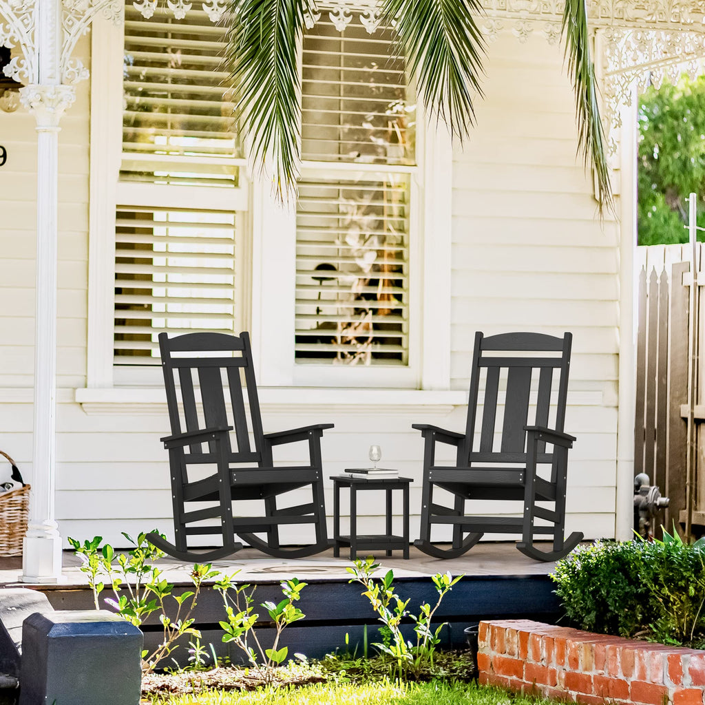 Outdoor Rocking Chairs Set, 3-Piece, HDPS Poly Porch Rockers with Table, Plastic Weather Resistant Rocking Chair Set