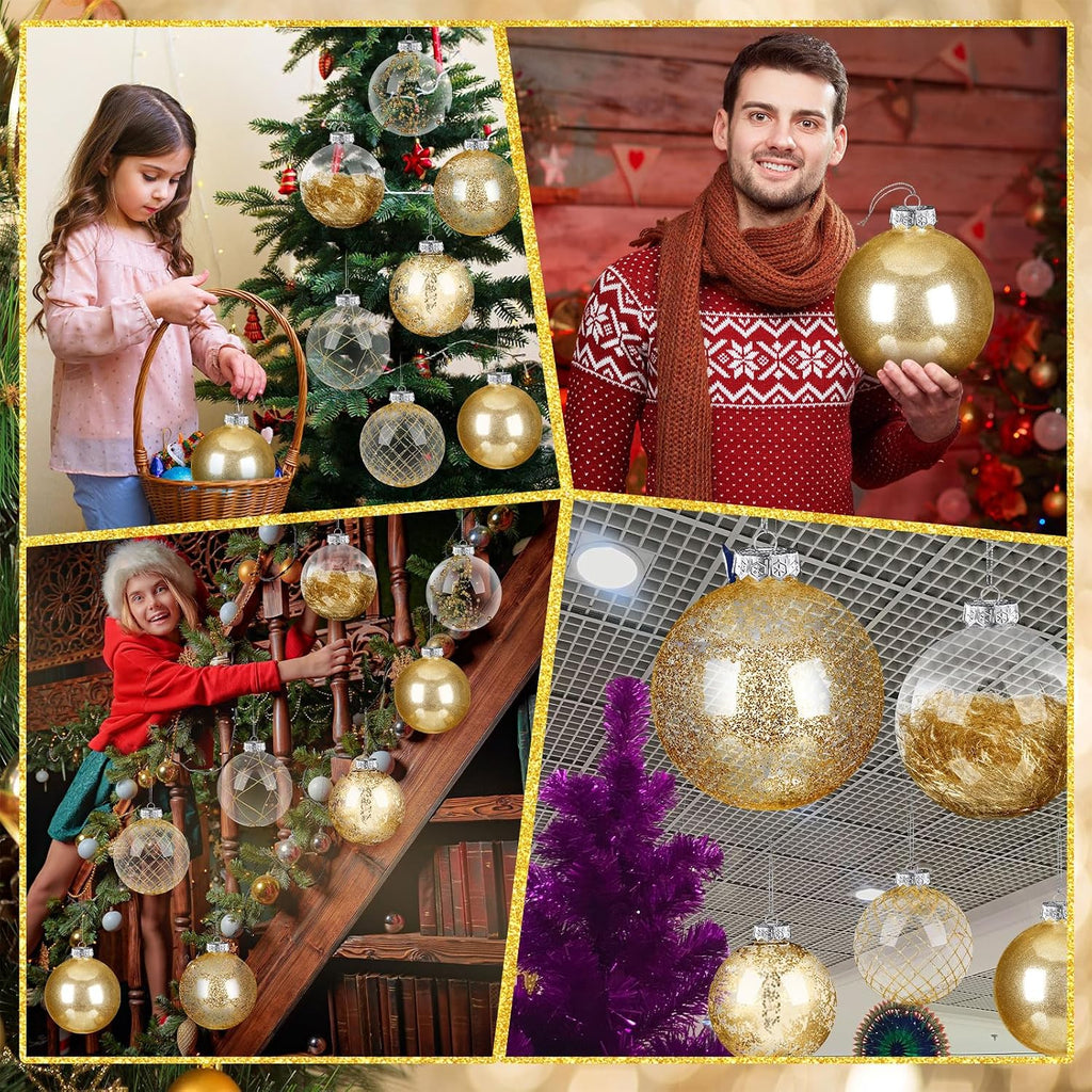 8 Set Clear Large Christmas Ball Ornament 6" Glitter Champagne Gold