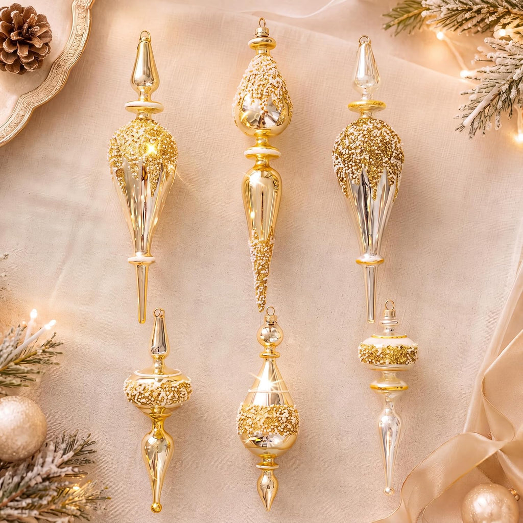 6 Pcs Gold Glass Christmas Icicle Ornaments Xmas Tree Decor