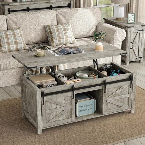 Lift Top Coffee Table, 47.3'' Farmhouse Coffee Table with Large Hidden Storage Compartment & Sliding Barn Doors
