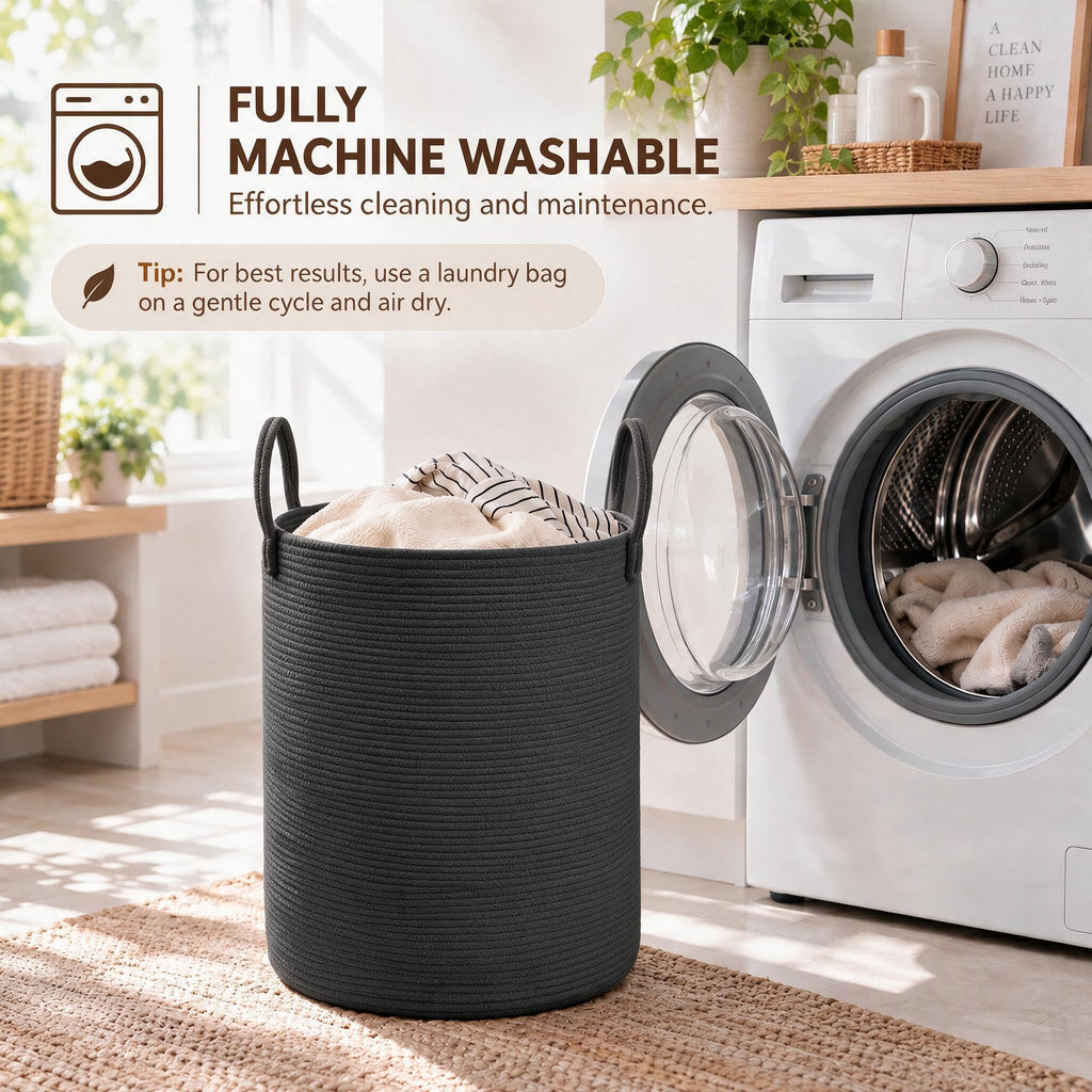 Cotton Rope Laundry Basket Hamper, Black