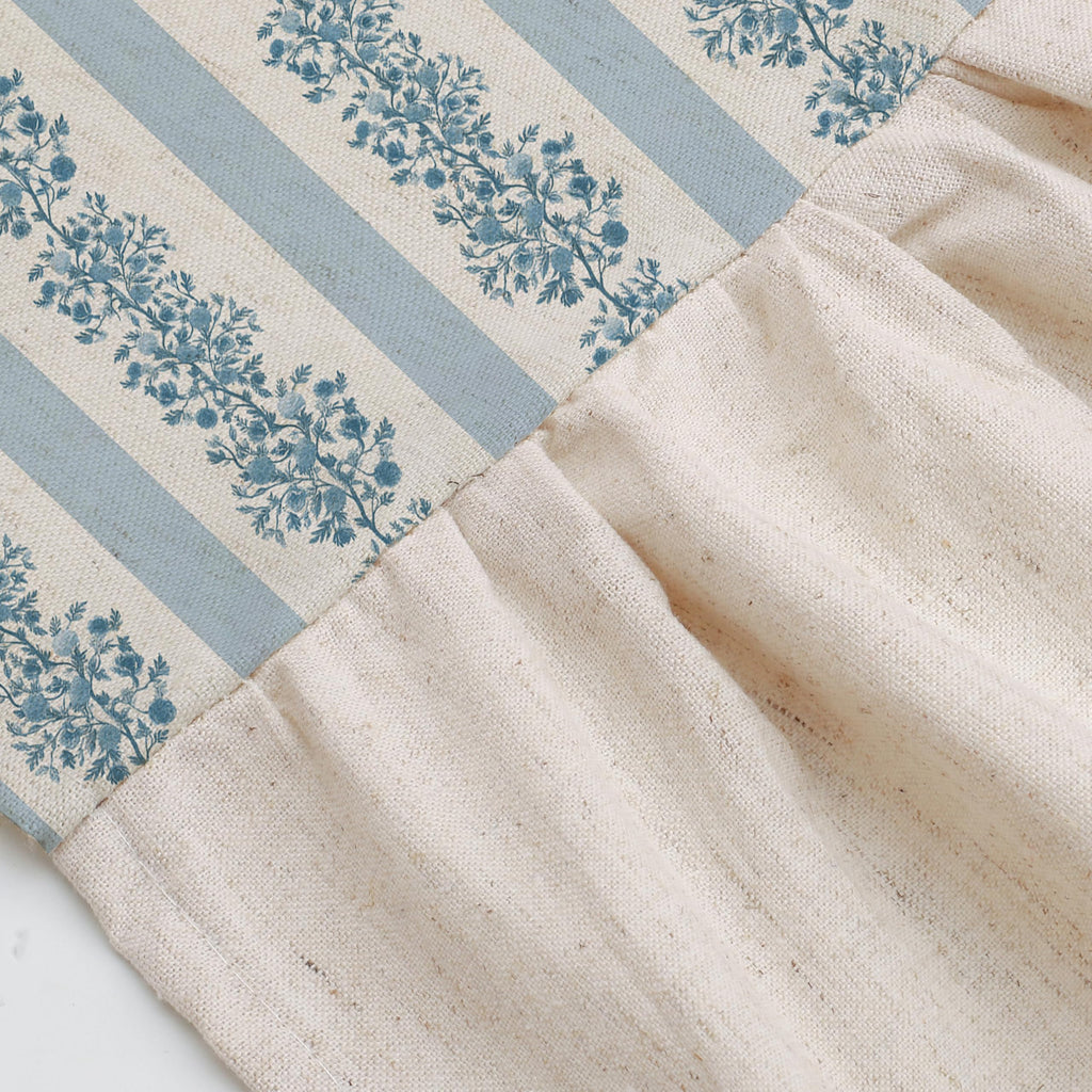 Blue Stripe Linen Textured Ruffle Shower Curtain - Vintage Floral Block Print, Boho Cottagecore Farmhouse French