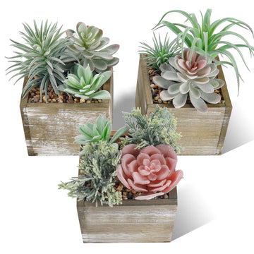 3 Pack Fake Succulents Plants in Wood Pots for Farmhouse Decor