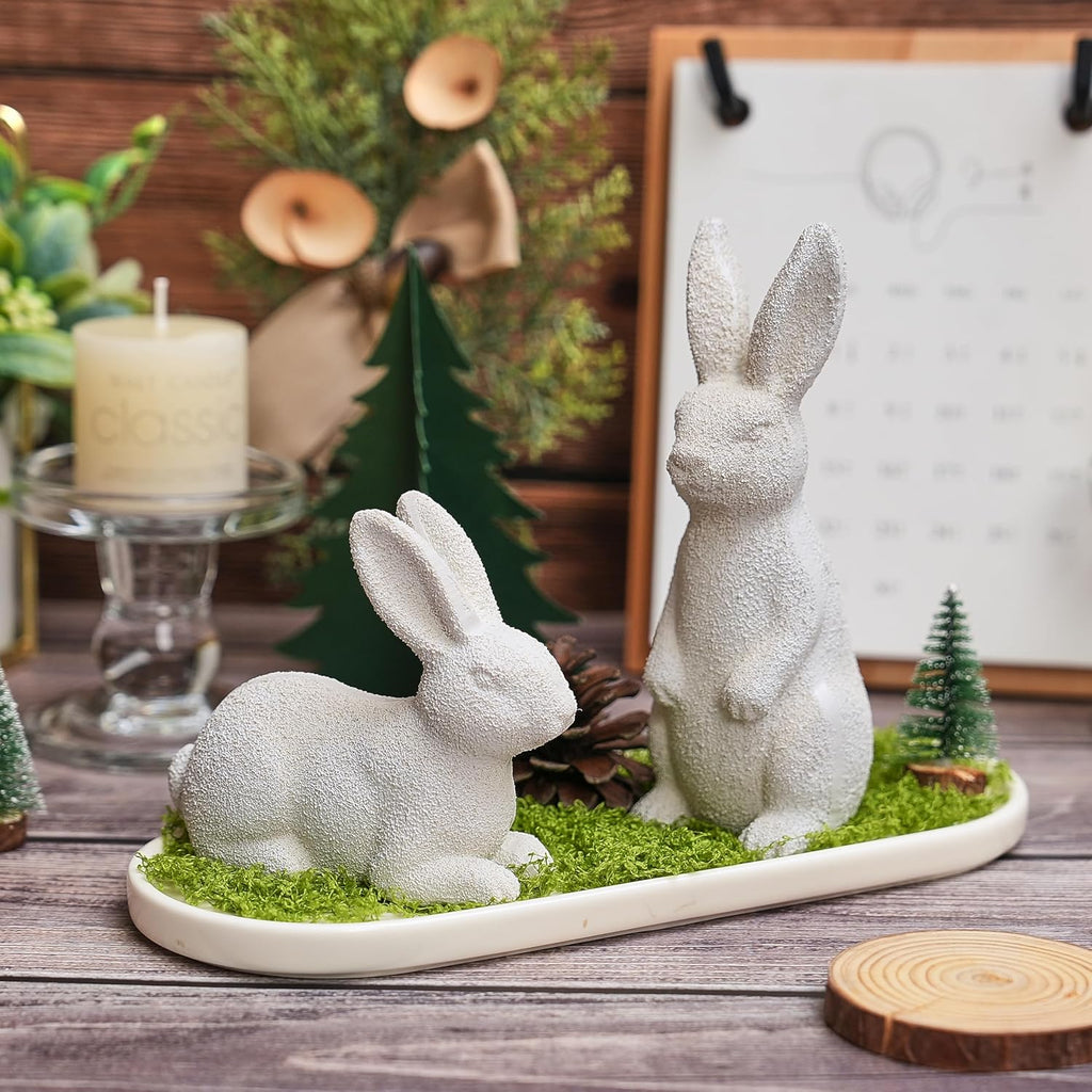 Easter Bunny Figurines, Resin Rabbit Figurines, Beige Bunny Statues for Rustic Easter Decorations - Set of 2
