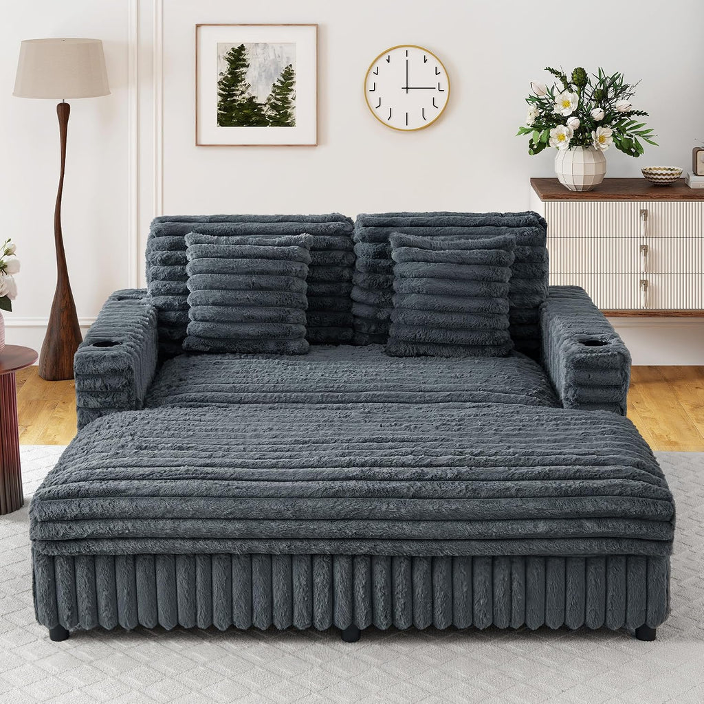 60.43'' Oversized Chaise Lounge Chair Indoor, Grey | Plush Faux Rabbit Fur, Sleeper Sofa Bed with 4 Pillows, Charging