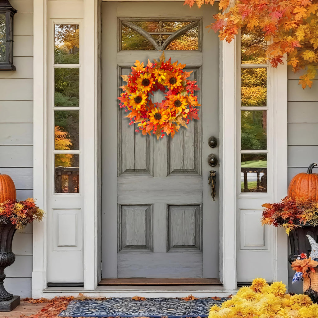 20" Sunflower Fall Wreath for Front Door Outside with Maple Leaves & Berry