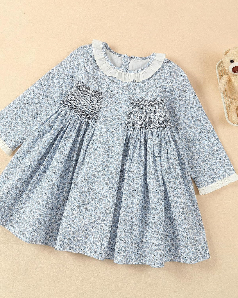Kids Baby Girls Casual Floral Print Dress | Toddler Smocking Long Sleeve Dresses with Ruffle Collar for Holiday