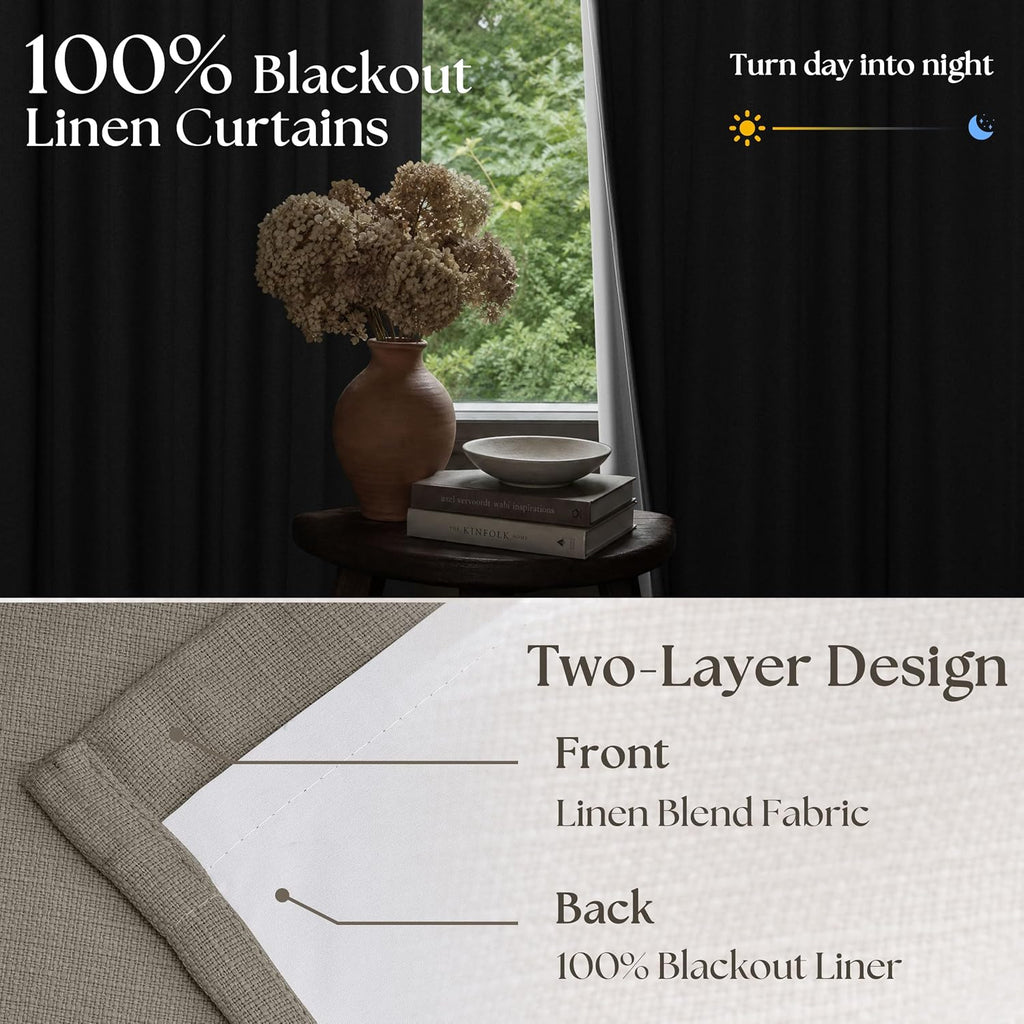 Dark Taupe 96 Inch Blackout Pinch Pleated Curtains 2 Panel Set for Living Room Darkening Thick Linen Textured 100%