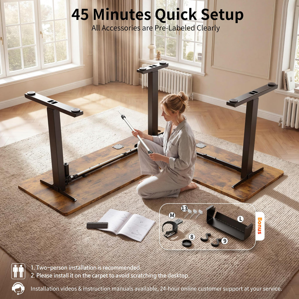 63X55 Inches Reversible L Shaped Standing Desk Height Adjustable with Cup Holder, Electric Corner Computer Desk, Sit