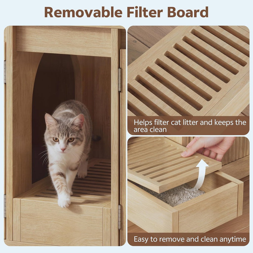 Double Litter Box Enclosure with Litter Collector, 59In, Natural