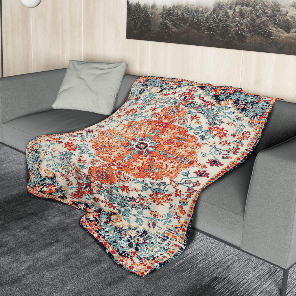 Orange Blue Boho Blanket Soft Flannel Lightweight Rust Teal Bohemian Throw Blanket Cozy Warm Vintage Aztec Carpet