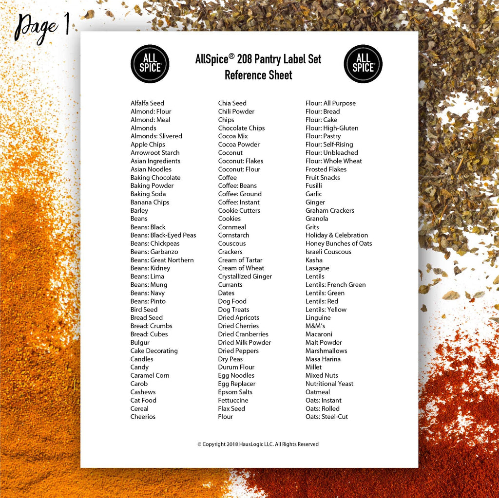 208 Preprinted Water Resistant Bulk Pantry Labels Set