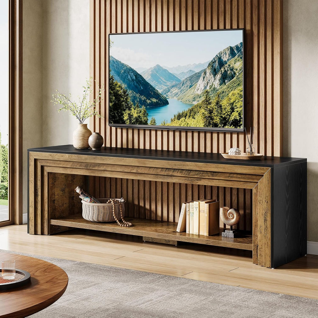 70" Long TV Stand for 75-Inch TV, Farmhouse Entertainment Center | Low Media Console Wooden Television Stand for