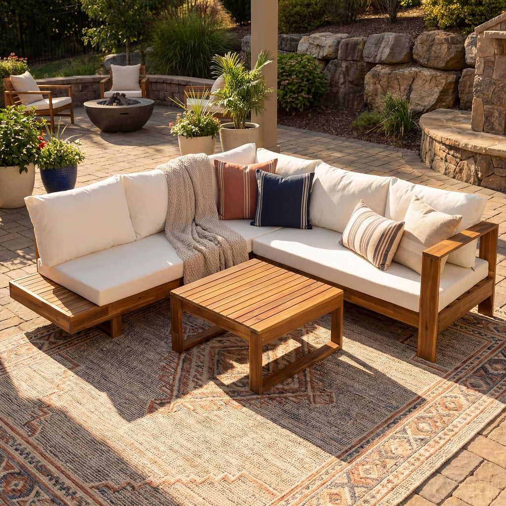 4pc Acacia Wood Outdoor Sectional Sofa Set with Cushions | Slatted Design - Modern Patio, Deck & Garden Seating for