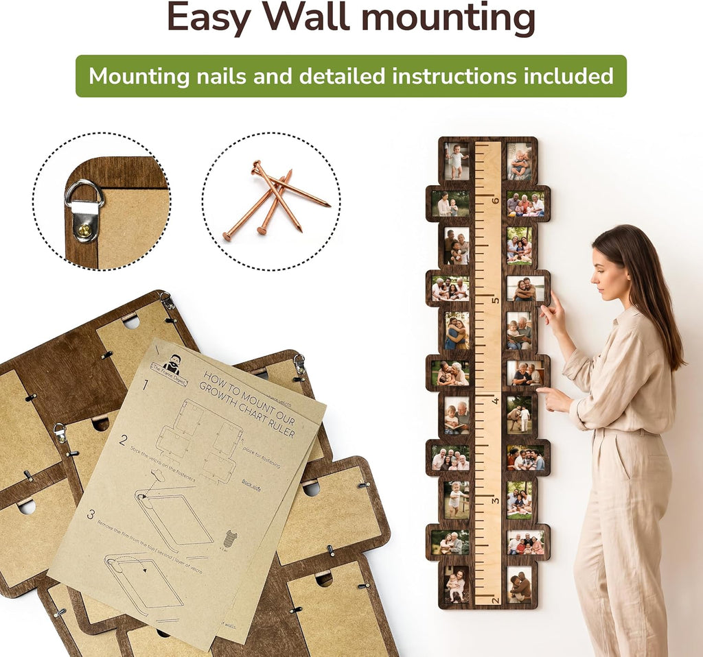 Wooden Growth Chart for Kids with 22 3.5"x5" Photo Frames, 58x15 Inch Height Chart for Wall, Inch Measurement Ruler