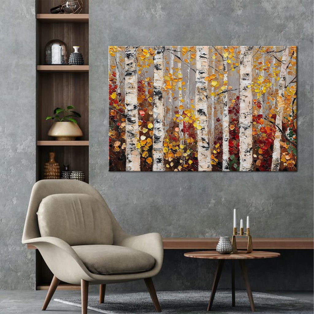 Forest Landscape Autumn Fall Wall Art Canvas, Fall Pictures Wall Decor Canvas, Textured Birch Trees With Layered