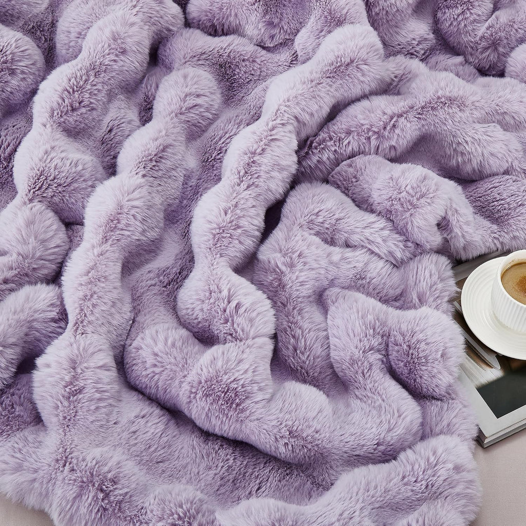 Soft Fluffy Oversized Bubble Faux Rabbit Fur Throw Blanket 60" x 70", Reversible Solid Thick Warm Fuzzy Blanket for