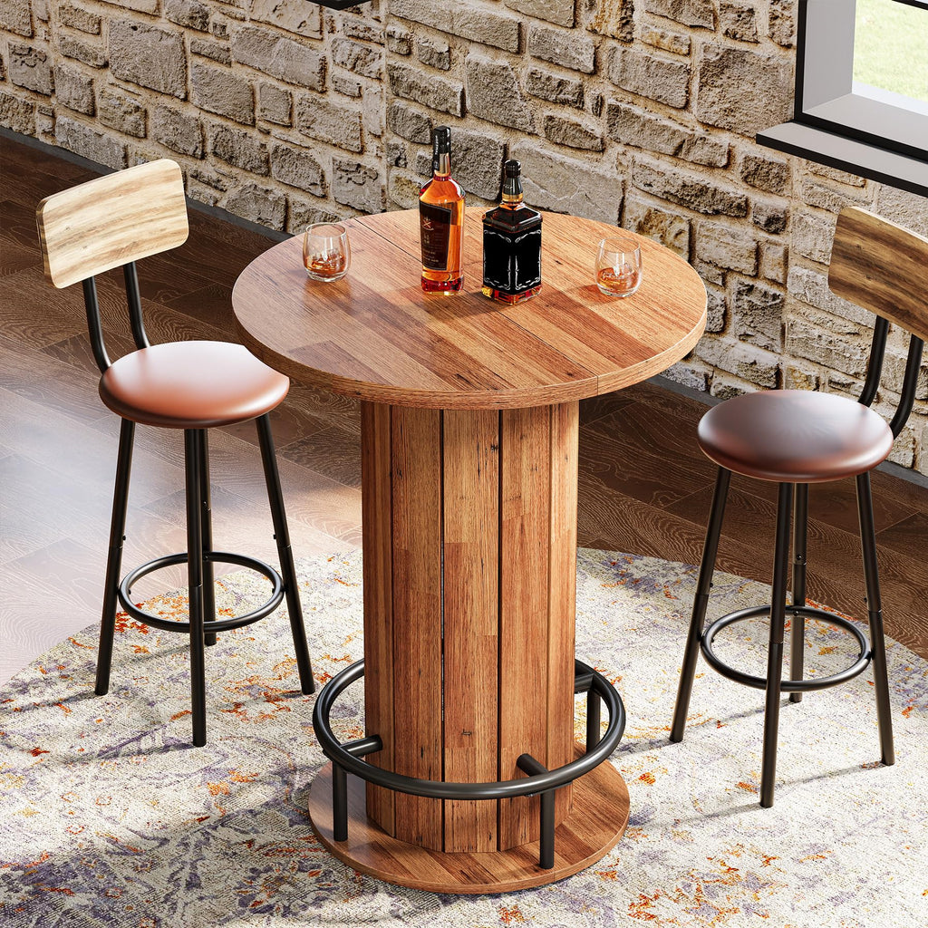 Round Bar Table, 39.4" H Wood Bistro Pub Table with Metal Ring Footrest for Dining Coffee Cocktail Living Room, Small