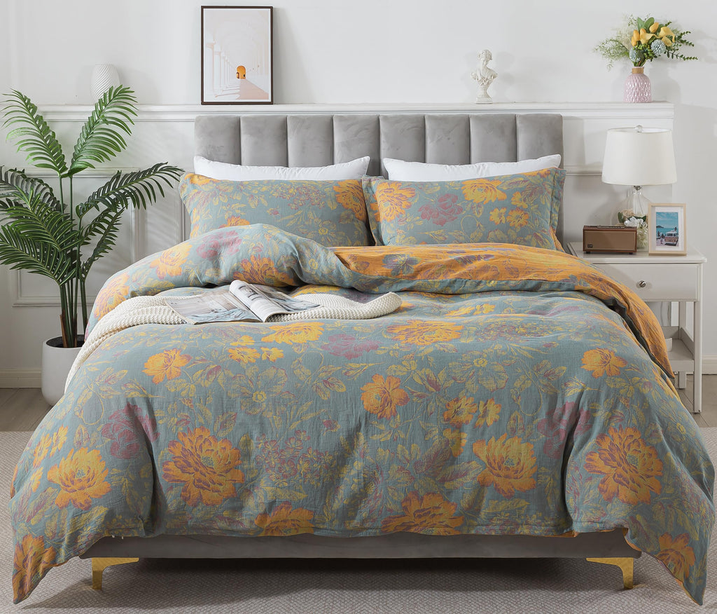Flower 3Pcs Duvet Cover Set, 100% Double Layer Washed Cotton Gauze Lightweight Soft Breathable Farmhouse Floral